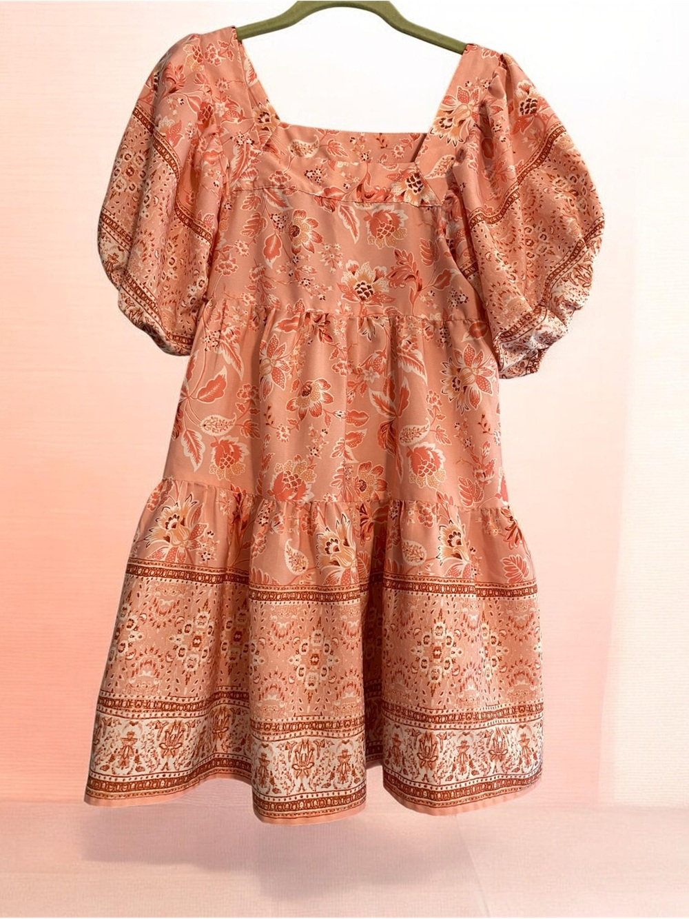Band of the Free Babydoll Floral Puff-Sleeve Mini Dress in Peach Pink Sz XS